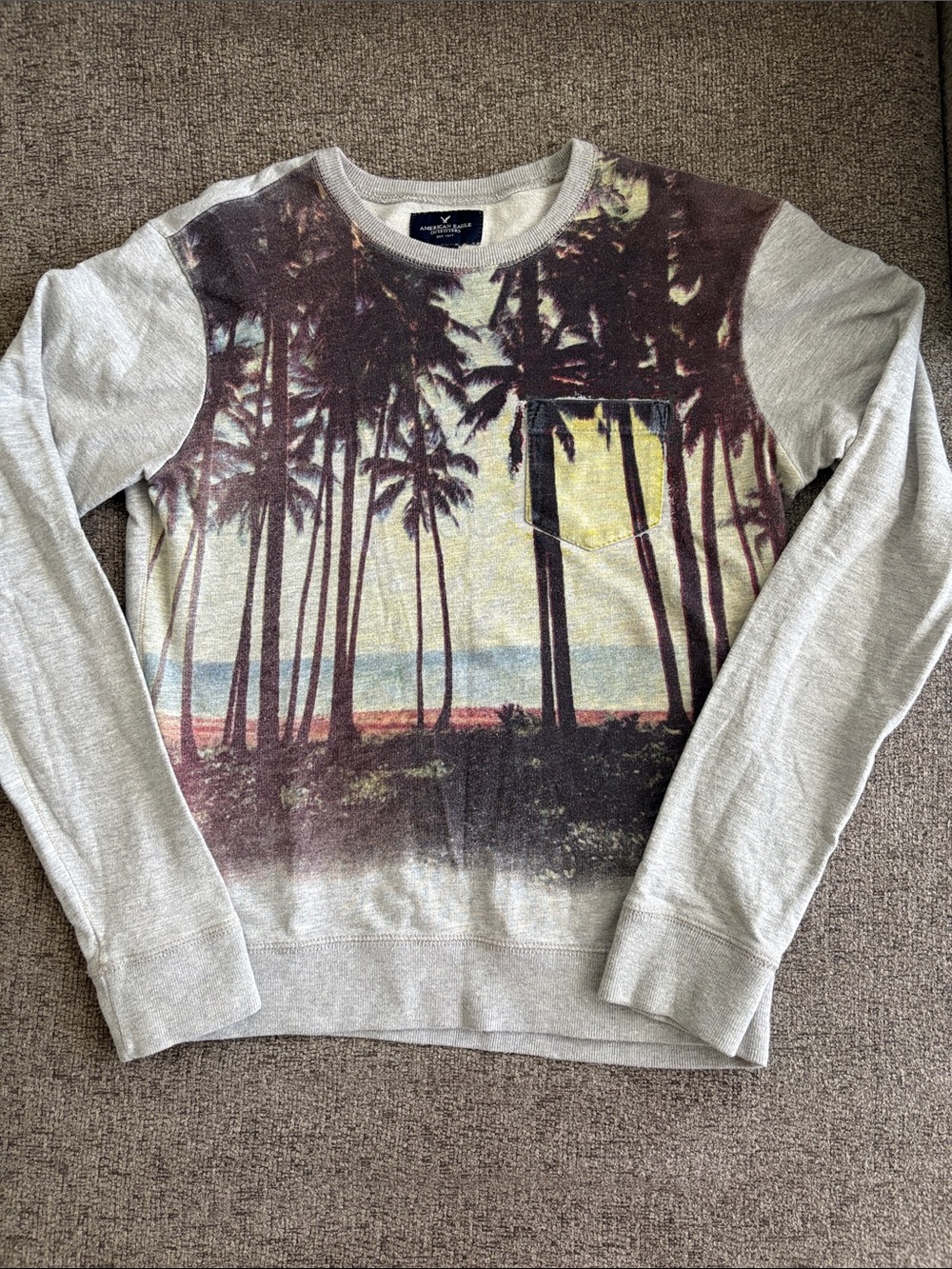 American Eagle Outfitters Light Gray Crewneck Sweater with Tropical Palm Print